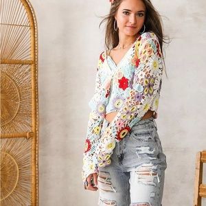 Emory Park Tie Front Crochet Cropped Cardigan in Multi Floral